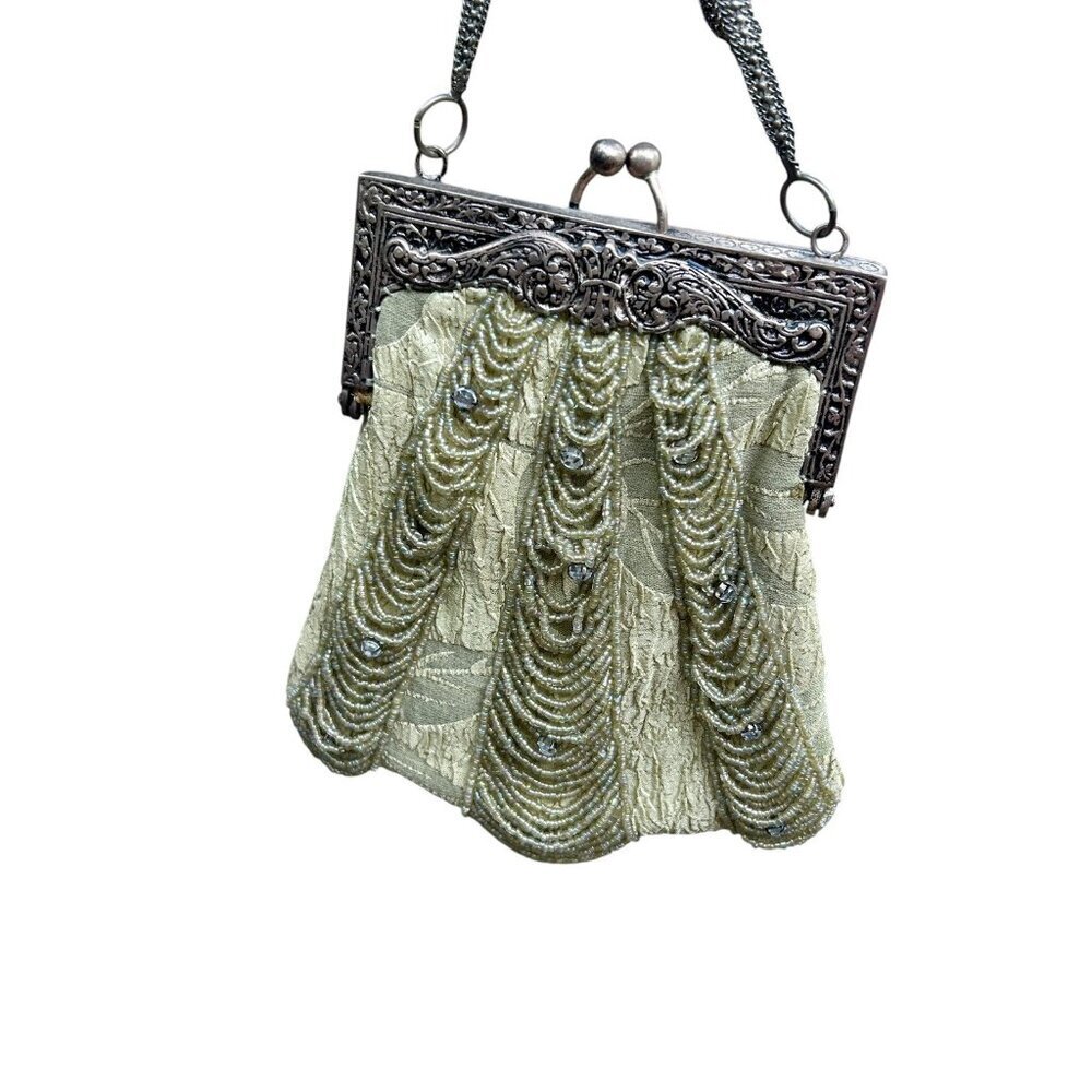 Antique 20s Style Beaded Rhinestone Gold Formal Purse with Ornate Frame